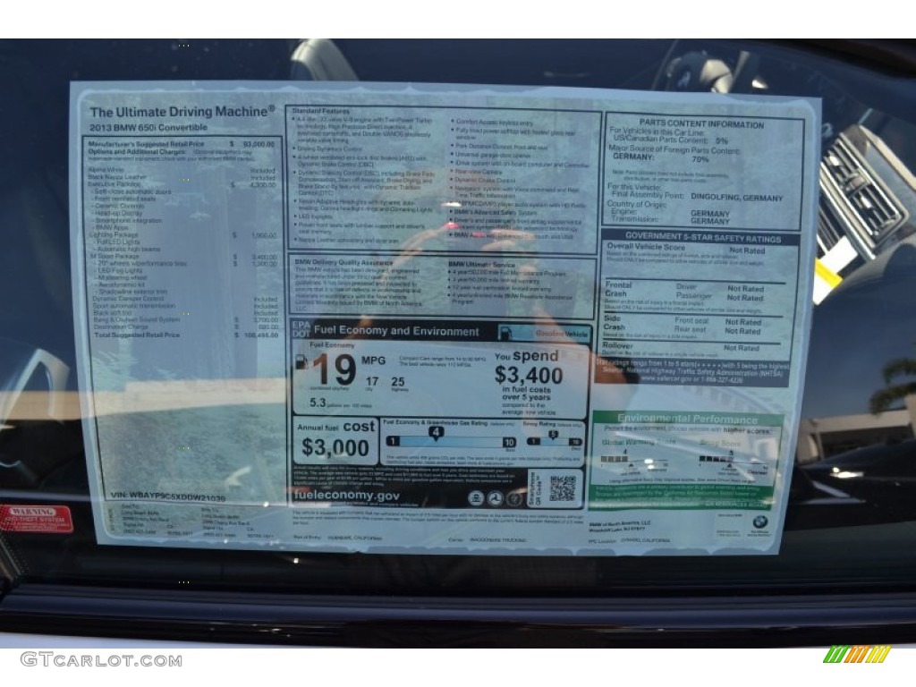 2013 BMW 6 Series 650i Convertible Window Sticker Photo #70811180