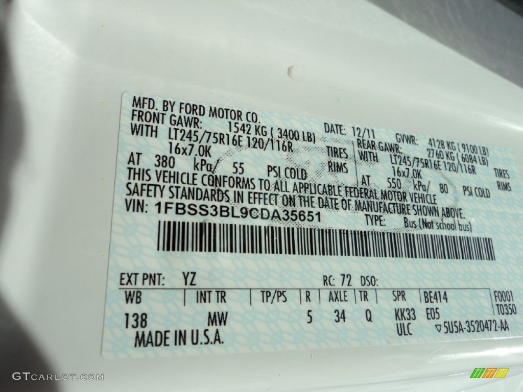 2012 E Series Van Color Code YZ for Oxford White Photo #70828179