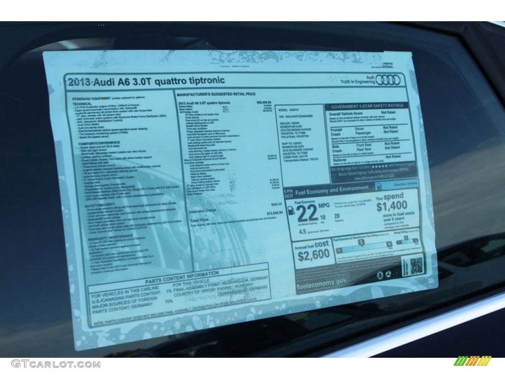 2013 Audi A6 3.0T quattro Sedan Window Sticker Photo #70841097