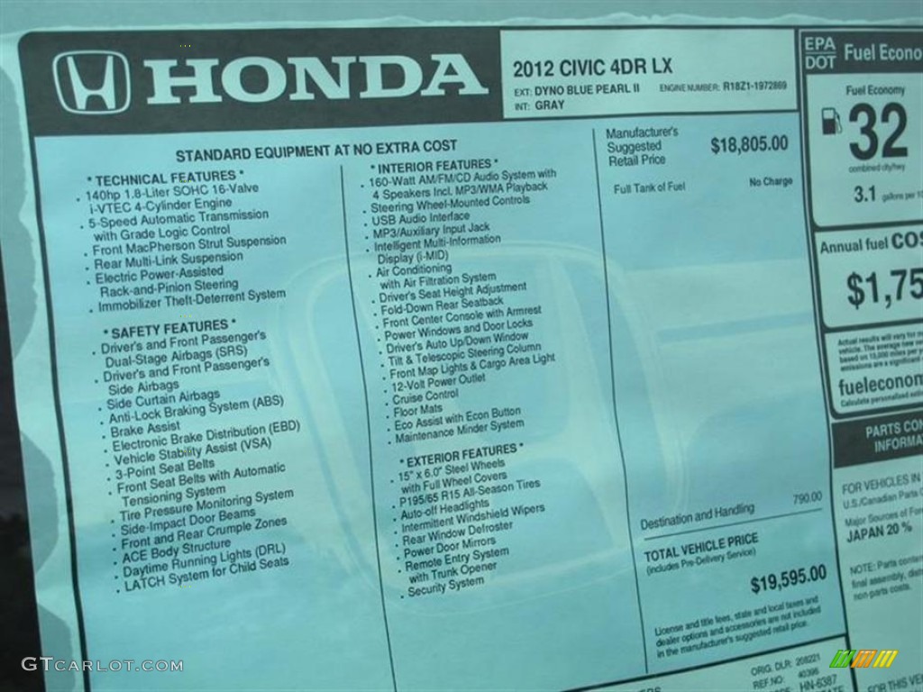 2012 Civic LX Sedan - Dyno Blue Pearl / Gray photo #9