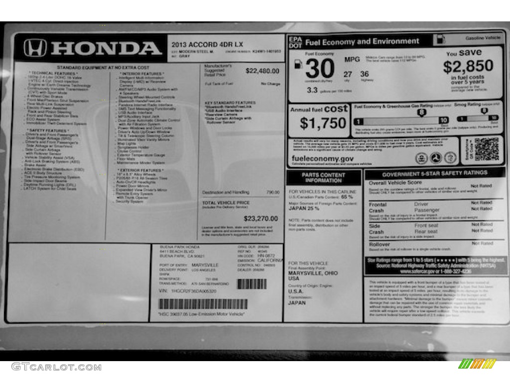 2013 Honda Accord LX Sedan Window Sticker Photo #70894267