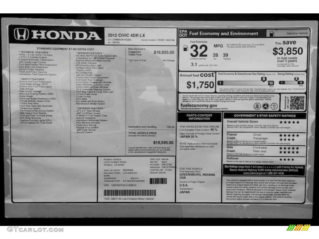 2012 Civic LX Sedan - Rallye Red / Beige photo #17