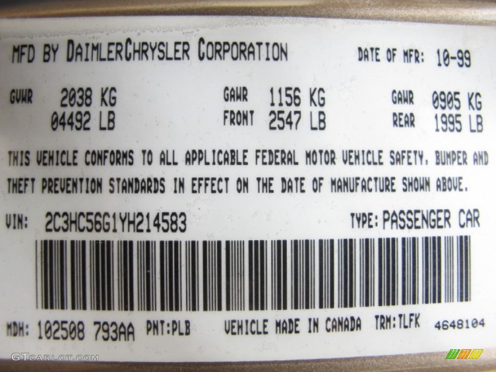 2000 Chrysler LHS Standard LHS Model Color Code Photos