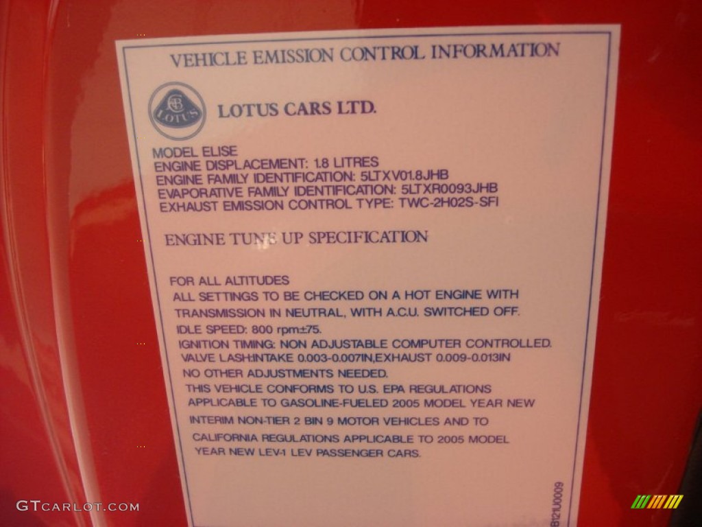 2005 Lotus Elise Standard Elise Model Info Tag Photo #70921831