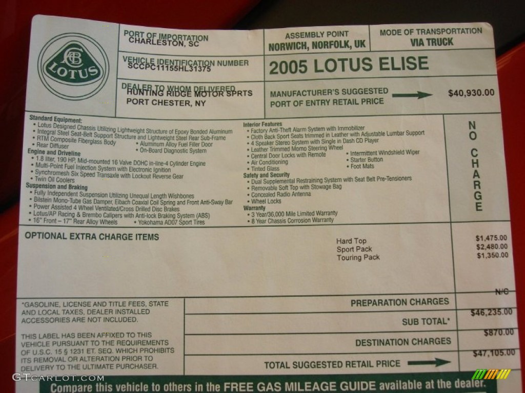 2005 Lotus Elise Standard Elise Model Window Sticker Photo #70921882