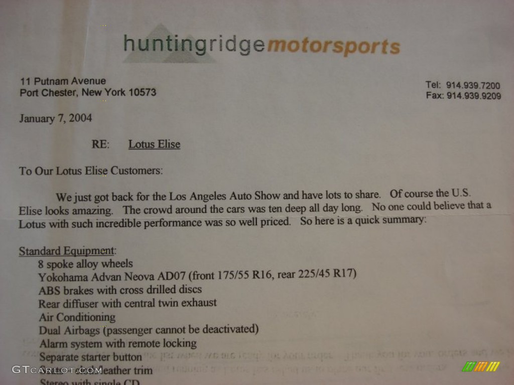 2005 Lotus Elise Standard Elise Model Info Tag Photo #70921906