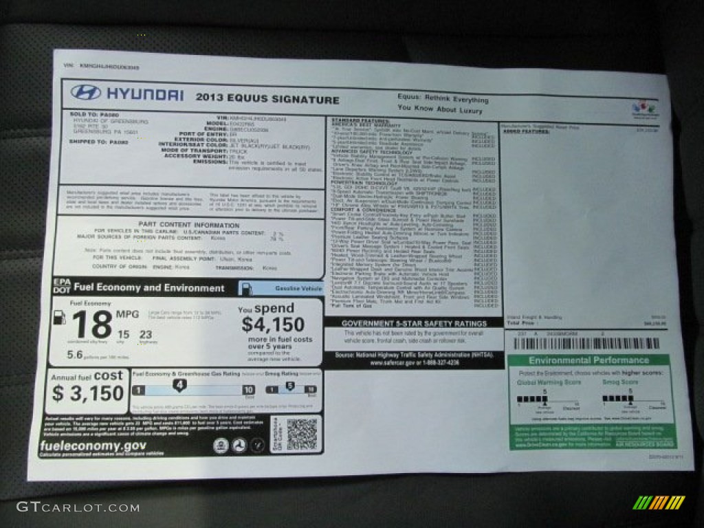 2013 Hyundai Equus Signature Window Sticker Photo #70950923