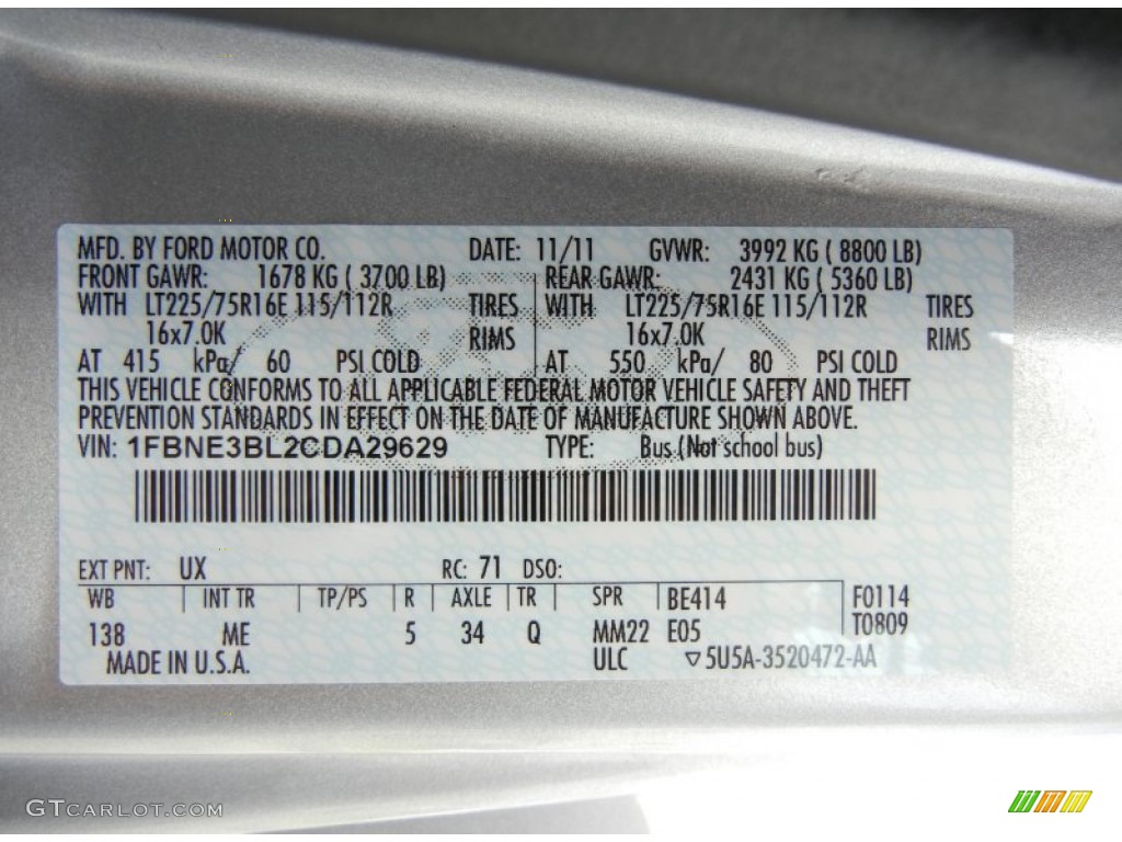 2012 E Series Van Color Code UX for Ingot Silver Metallic Photo #70967119