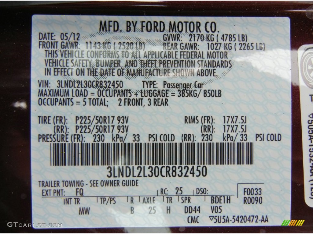 2012 MKZ Color Code FQ for Bordeaux Reserve Metallic Photo #70967851