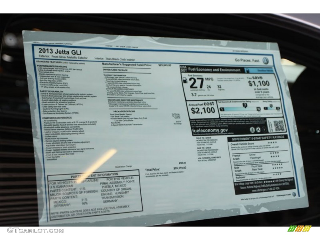 2013 Volkswagen Jetta GLI Window Sticker Photo #70972288