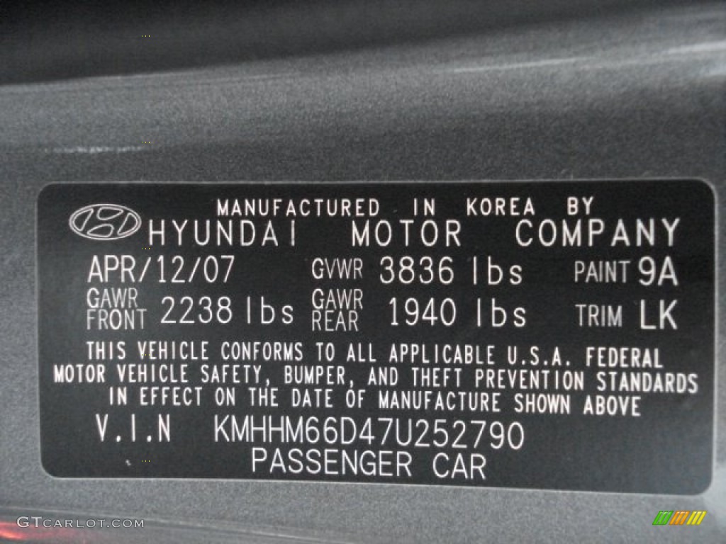 2007 Hyundai Tiburon GS Color Code Photos