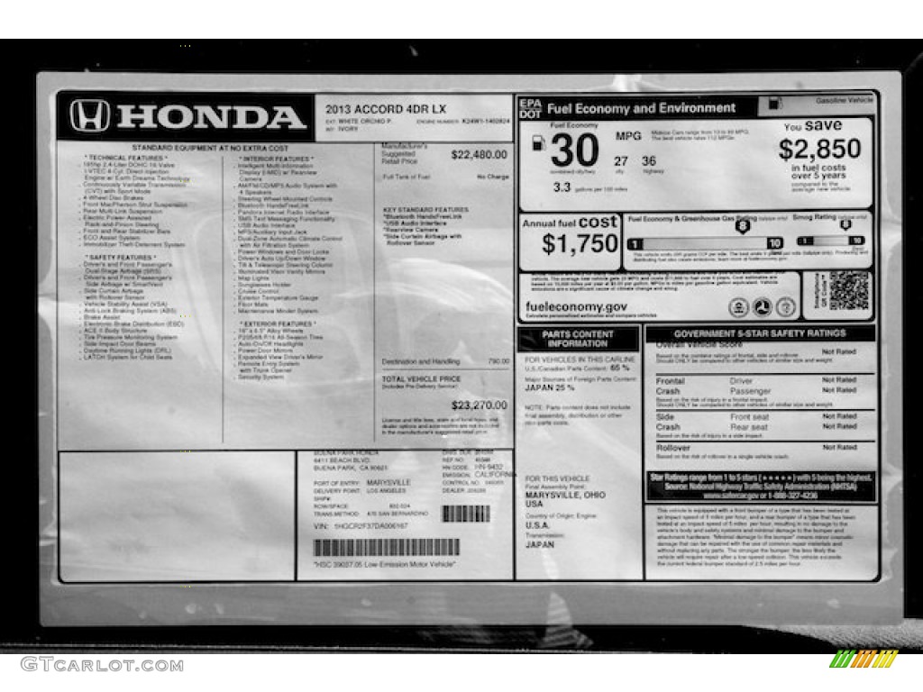 2013 Honda Accord LX Sedan Window Sticker Photo #70997791
