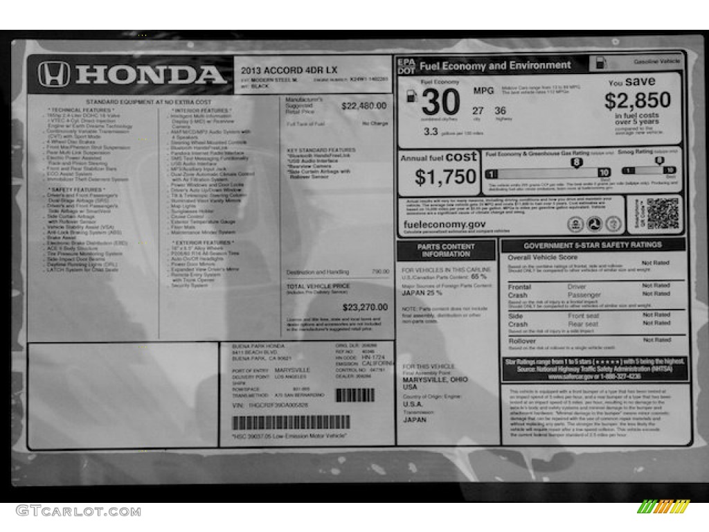 2013 Honda Accord LX Sedan Window Sticker Photo #70997956
