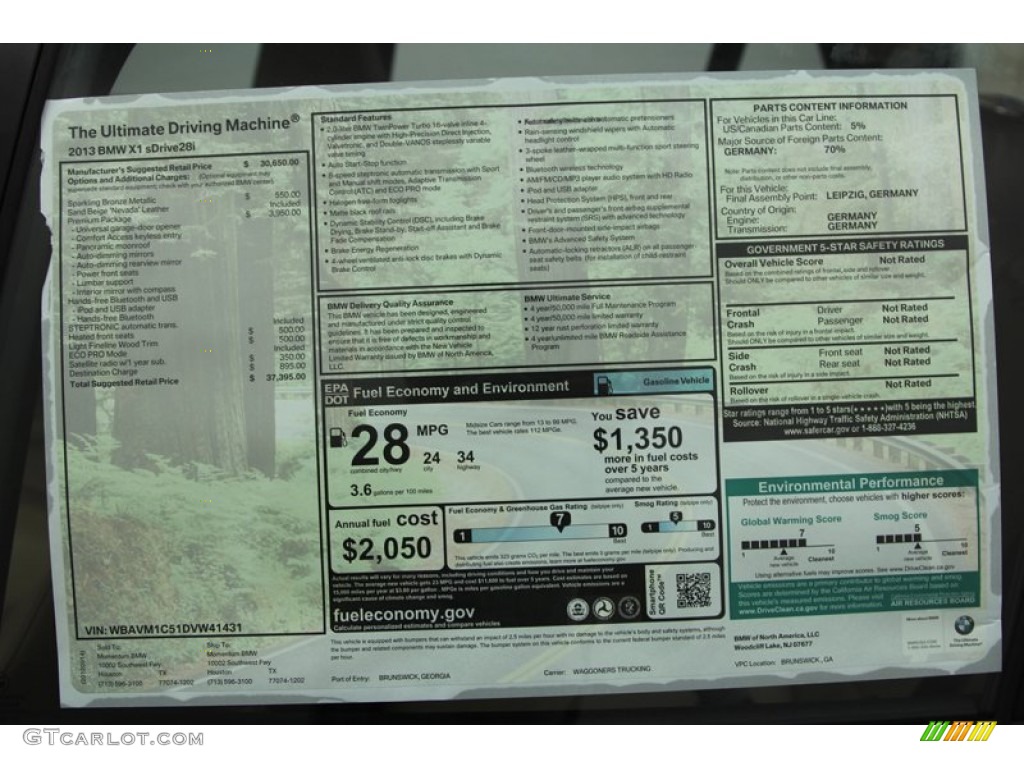 2013 BMW X1 sDrive 28i Window Sticker Photo #71007548