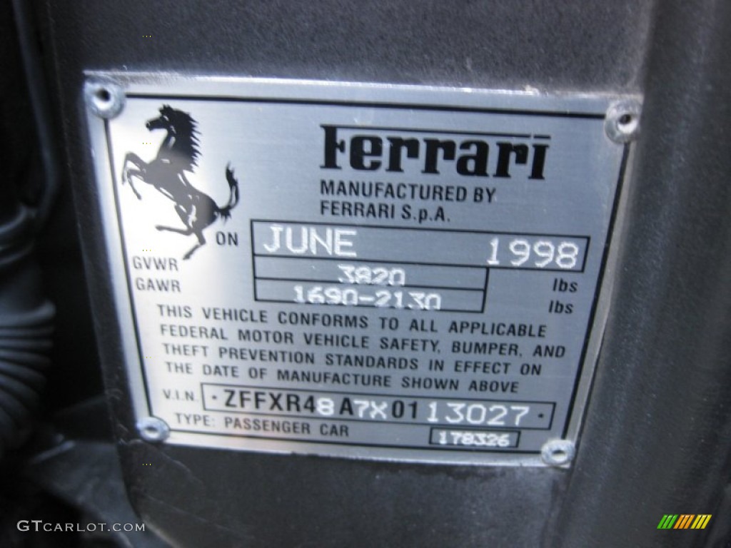 1999 Ferrari 355 F1 Spider Info Tag Photo #71014517