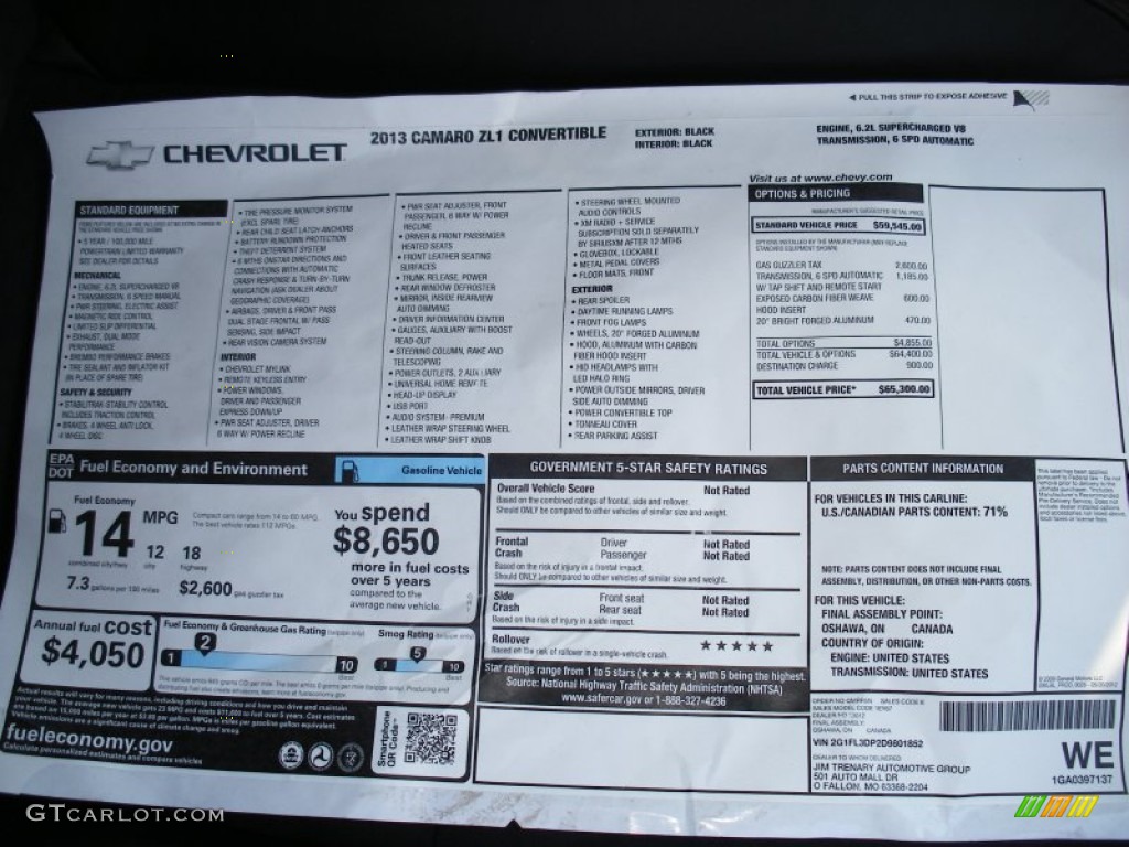 2013 Chevrolet Camaro ZL1 Convertible Window Sticker Photo #71034121