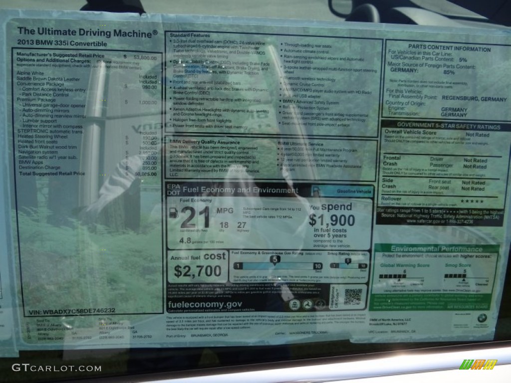 2013 BMW 3 Series 335i Convertible Window Sticker Photo #71035172
