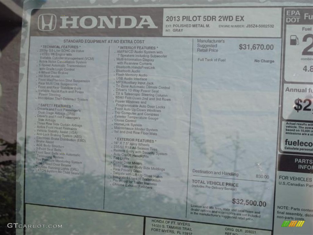 2013 Honda Pilot EX Window Sticker Photo #71043500