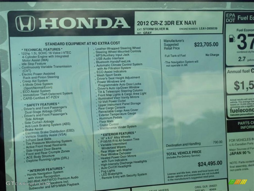 2012 Honda CR-Z EX Navigation Sport Hybrid Window Sticker Photo #71043611
