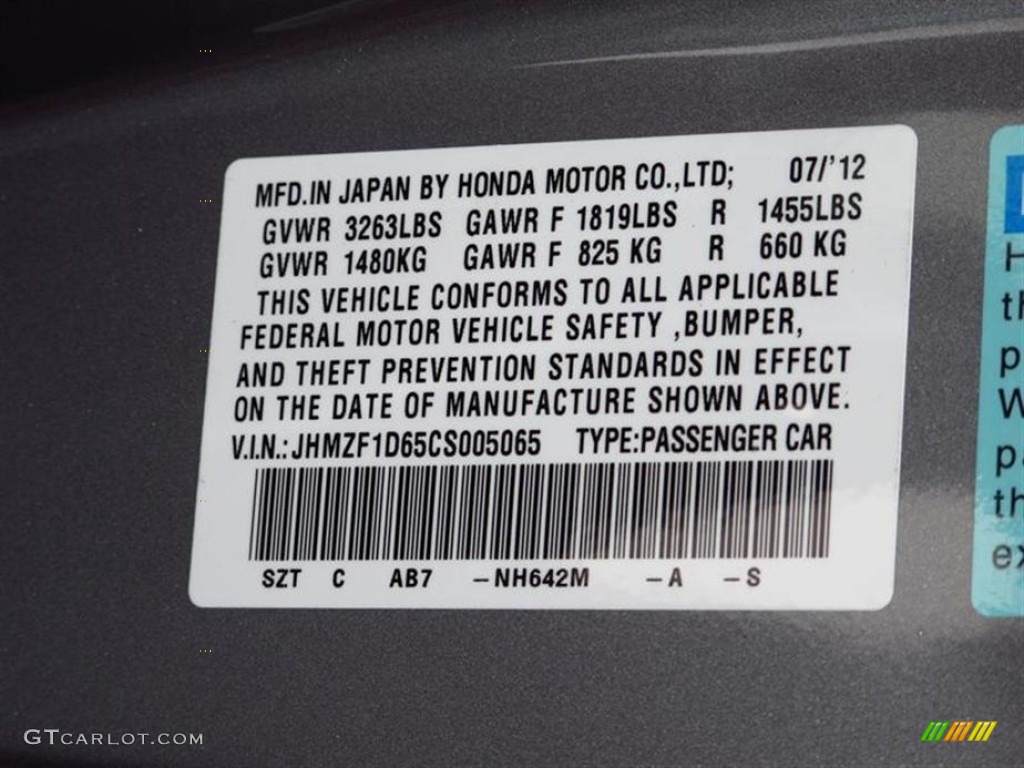 2012 CR-Z Color Code NH642M for Storm Silver Metallic Photo #71043623