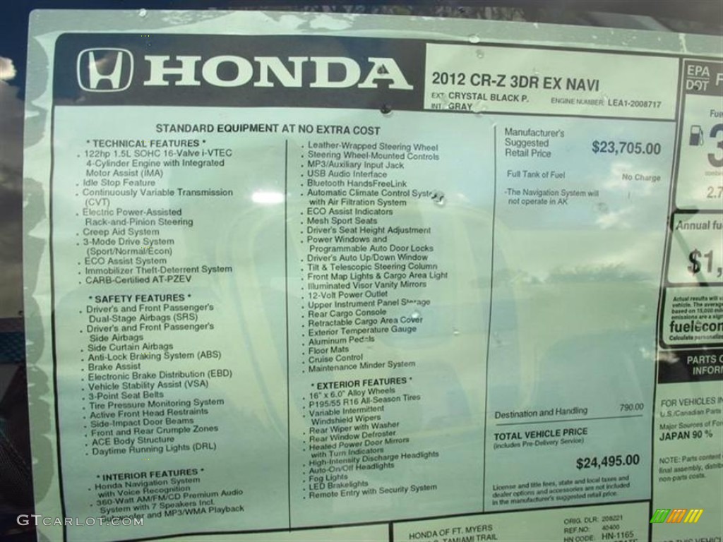 2012 Honda CR-Z EX Navigation Sport Hybrid Window Sticker Photo #71043670