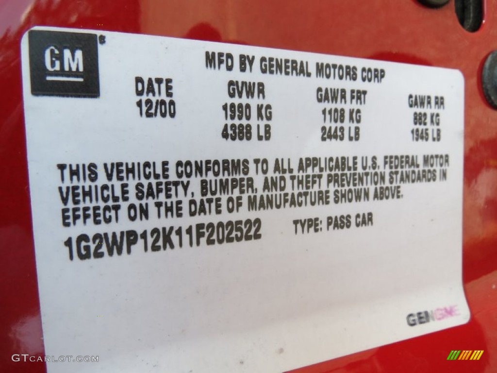 2001 Pontiac Grand Prix GT Coupe Info Tag Photo #71051315