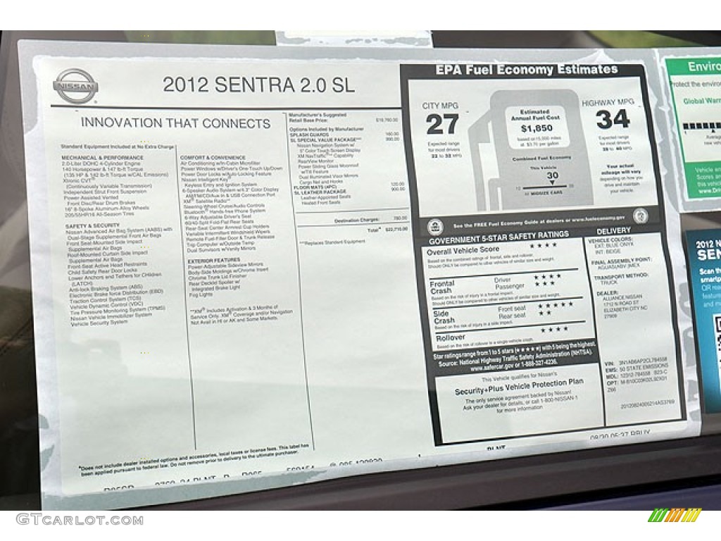 2012 Nissan Sentra 2.0 SL Window Sticker Photo #71064130