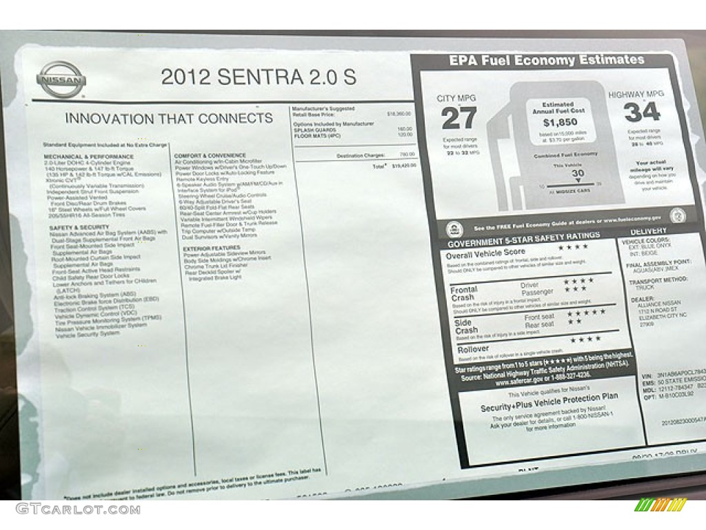 2012 Nissan Sentra 2.0 S Window Sticker Photo #71064304