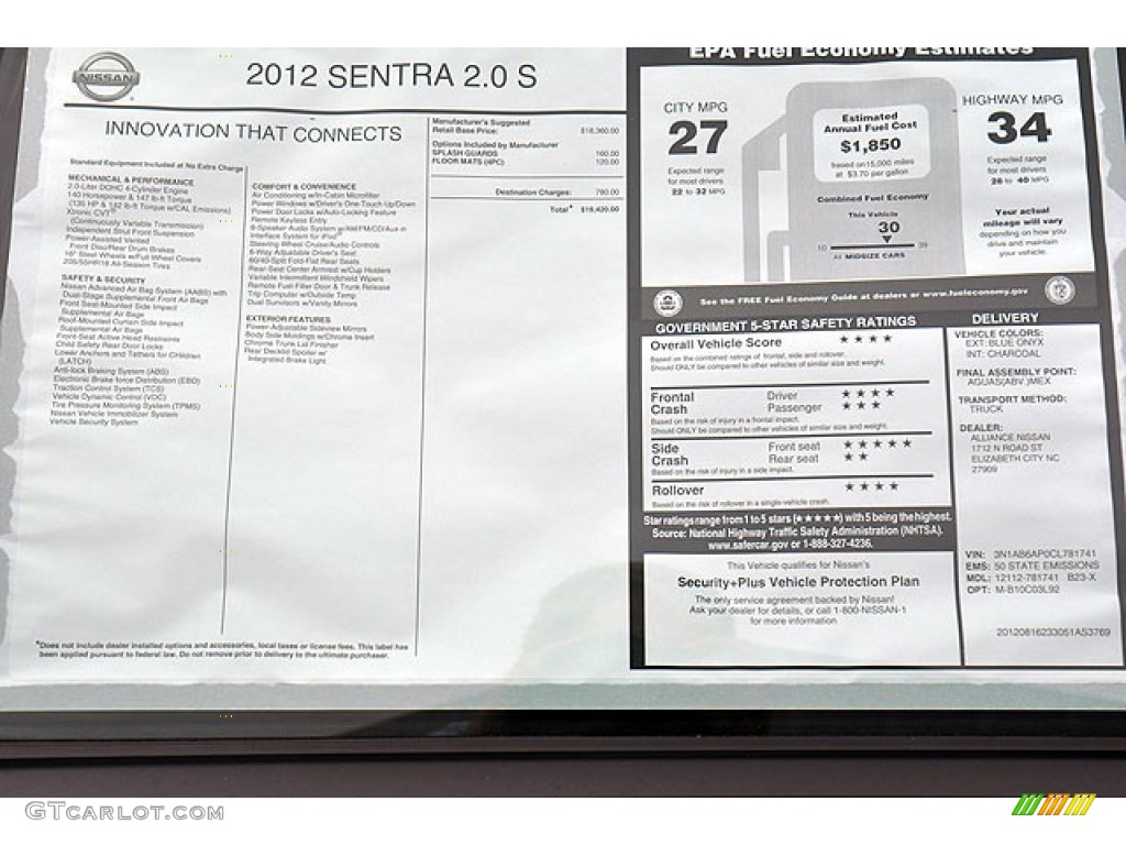 2012 Nissan Sentra 2.0 S Window Sticker Photos