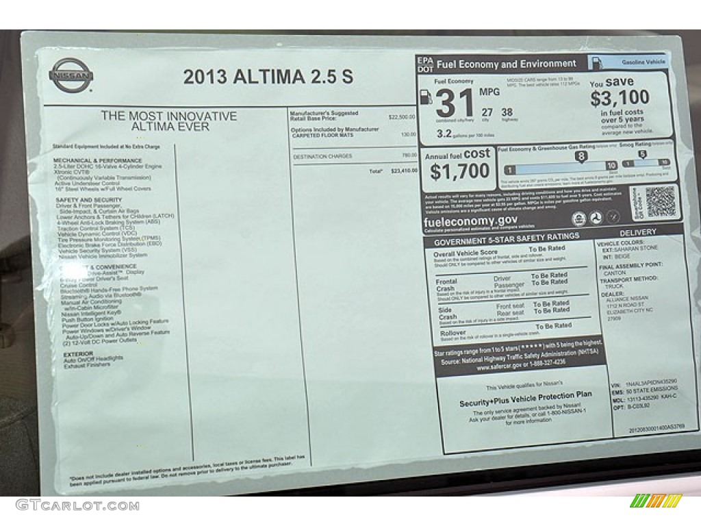 2013 Nissan Altima 2.5 S Window Sticker Photo #71065330