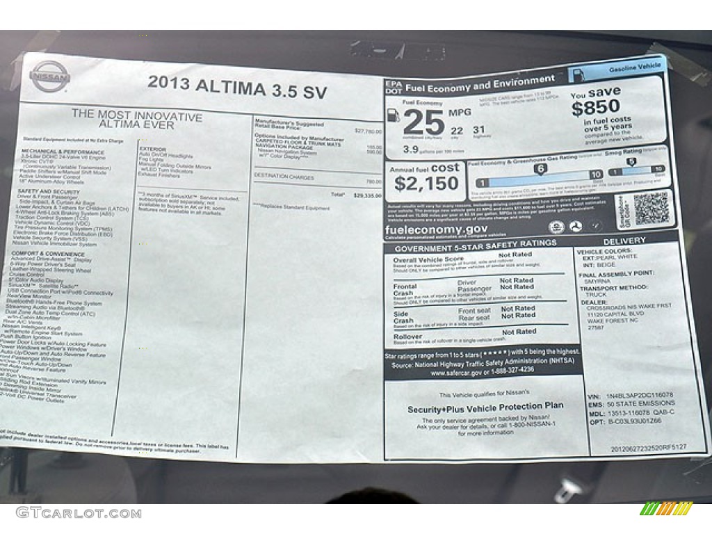 2013 Nissan Altima 3.5 SV Window Sticker Photo #71065549