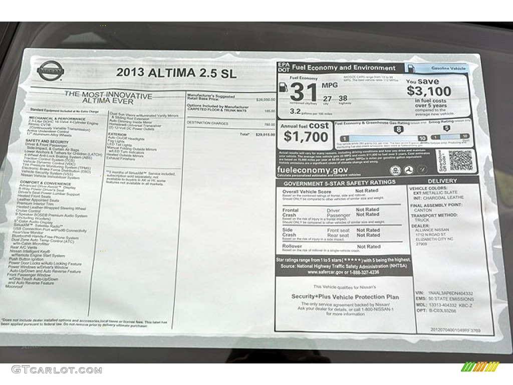 2013 Nissan Altima 2.5 S Window Sticker Photo #71065853