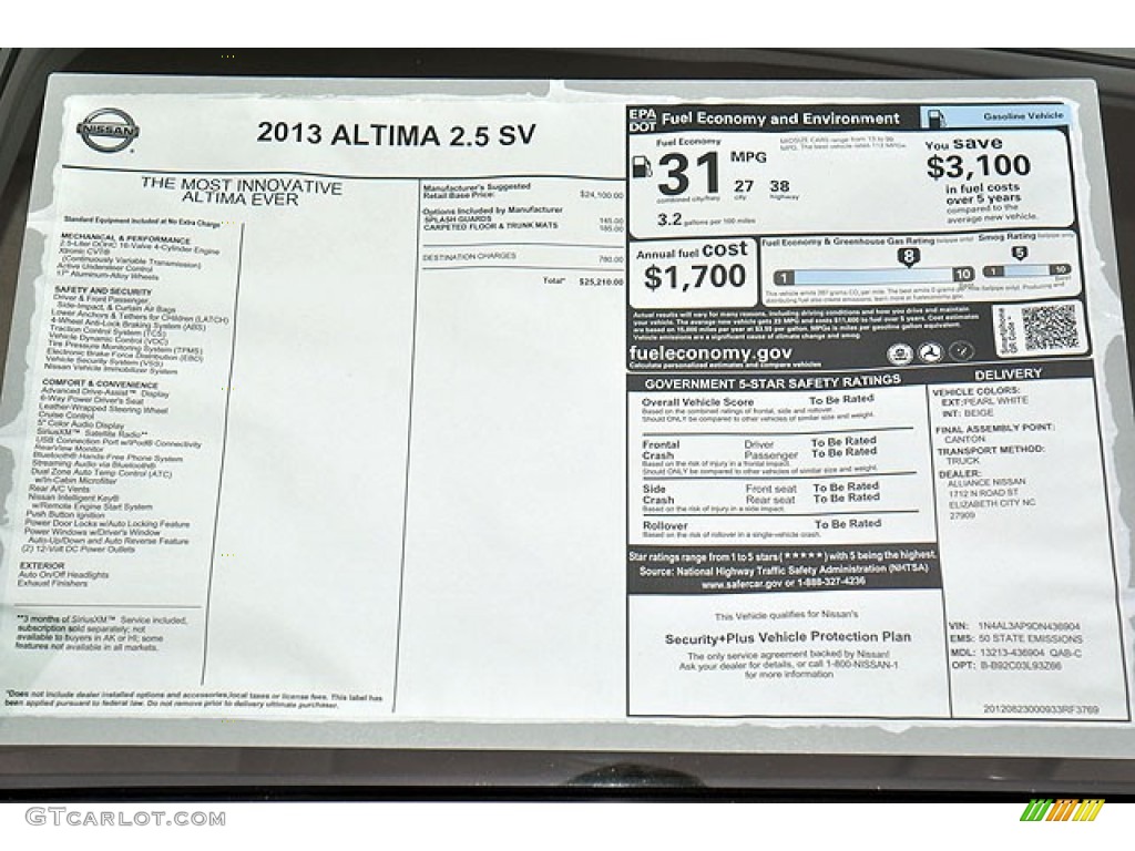 2013 Nissan Altima 2.5 SV Window Sticker Photo #71065909