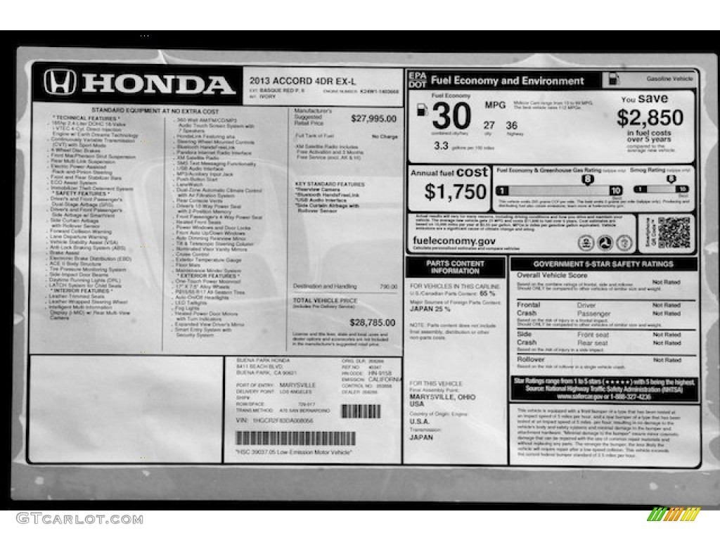 2013 Honda Accord EX-L Sedan Window Sticker Photo #71068464