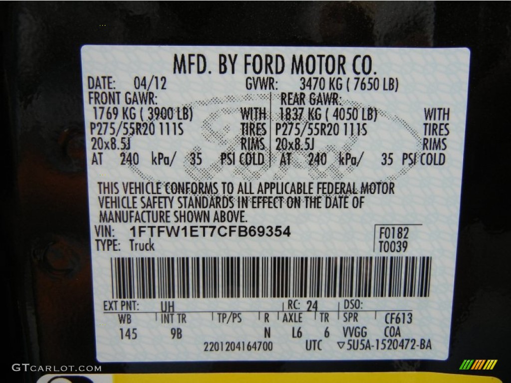 2012 F150 Color Code UH for Tuxedo Black Metallic Photo #71079082