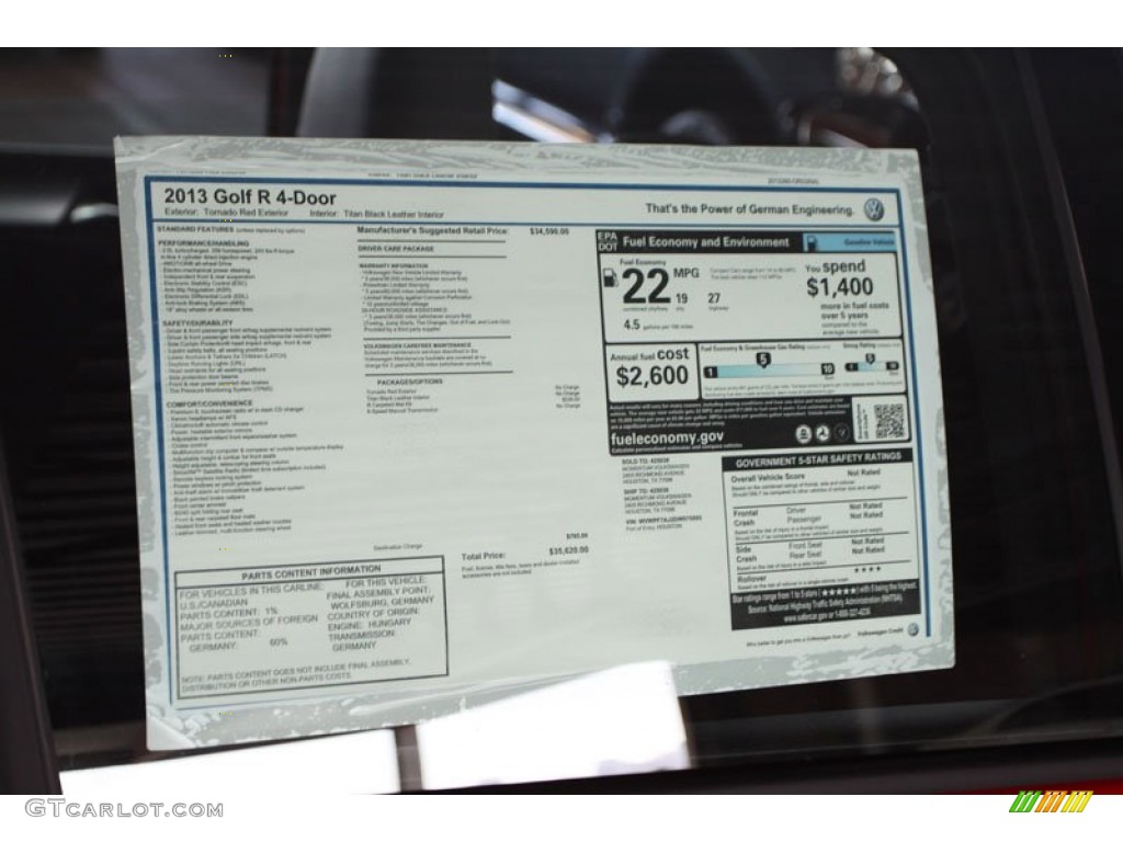 2013 Volkswagen Golf R 4 Door 4Motion Window Sticker Photo #71080408