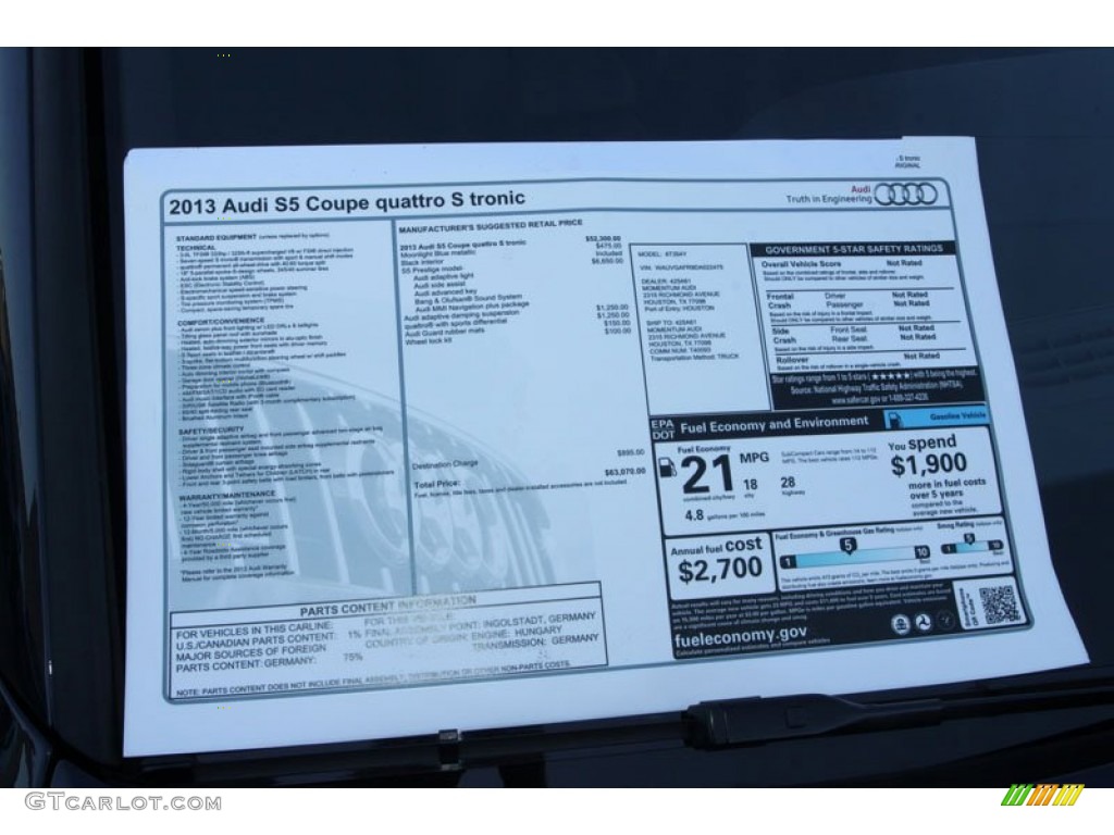 2013 Audi S5 3.0 TFSI quattro Coupe Window Sticker Photo #71083024