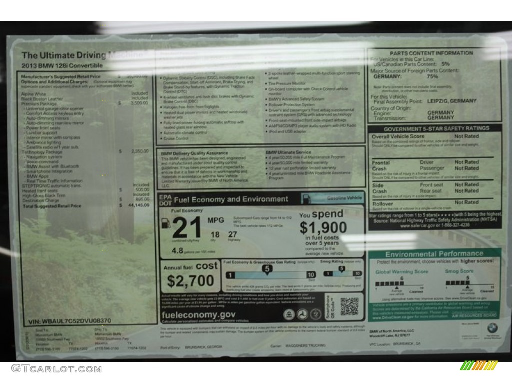 2013 BMW 1 Series 128i Convertible Window Sticker Photo #71087446