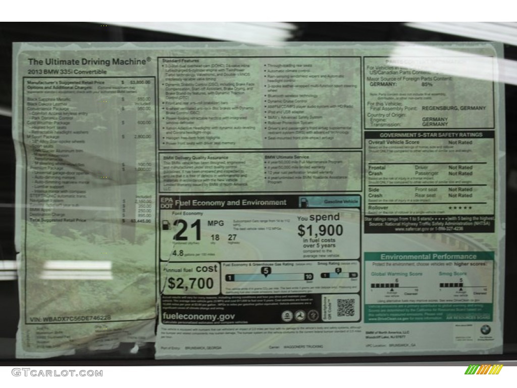 2013 BMW 3 Series 335i Convertible Window Sticker Photo #71092048