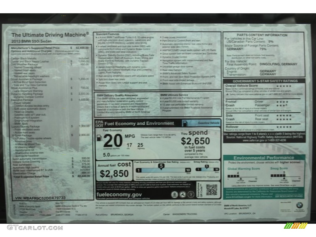 2013 BMW 5 Series 550i Sedan Window Sticker Photo #71093362