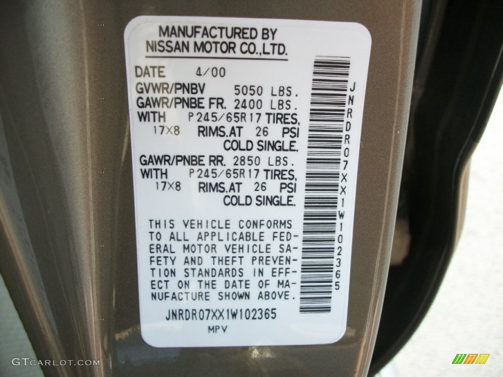 2001 Infiniti QX4 Standard QX4 Model Info Tag Photos