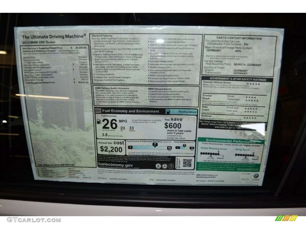 2013 BMW 3 Series 328i Sedan Window Sticker Photo #71112326