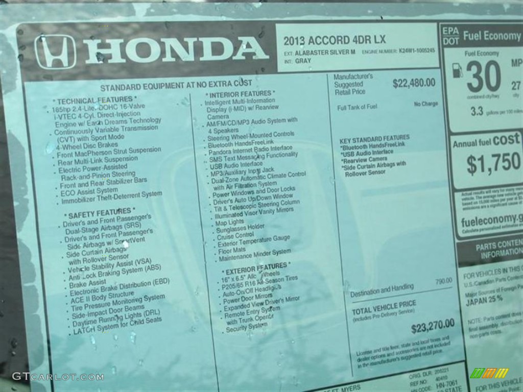 2013 Honda Accord LX Sedan Window Sticker Photo #71114111