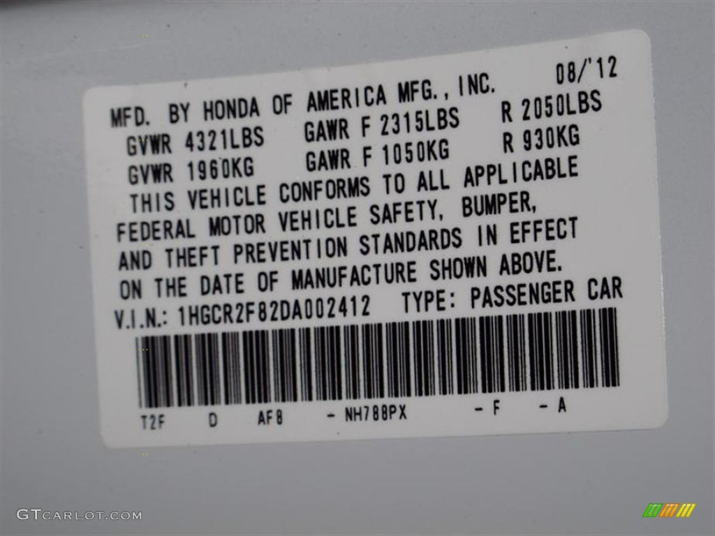 2013 Accord Color Code NH788PX for White Orchid Pearl Photo #71114228