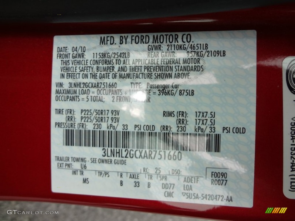2010 MKZ Color Code U6 for Sangria Red Metallic Photo #71133223