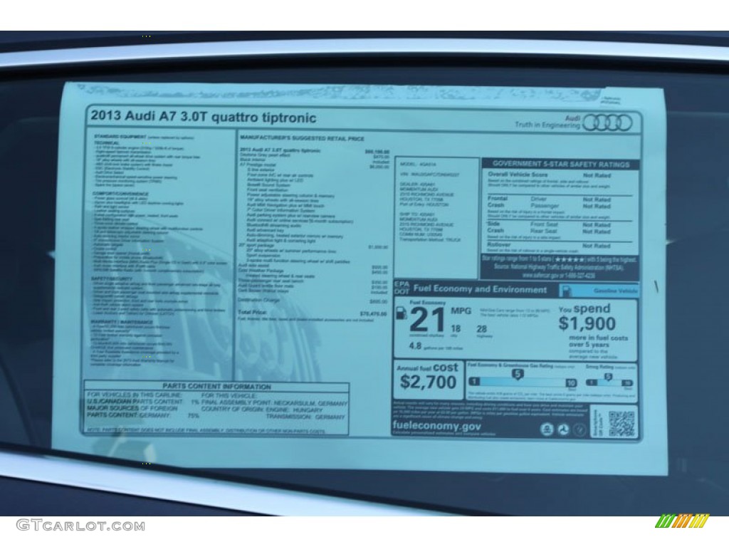 2013 Audi A7 3.0T quattro Prestige Window Sticker Photo #71143881