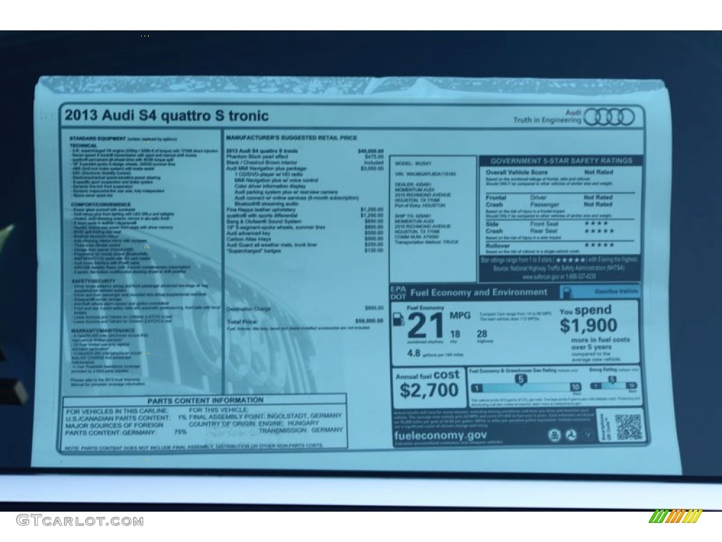 2013 Audi S4 3.0T quattro Sedan Window Sticker Photo #71145123