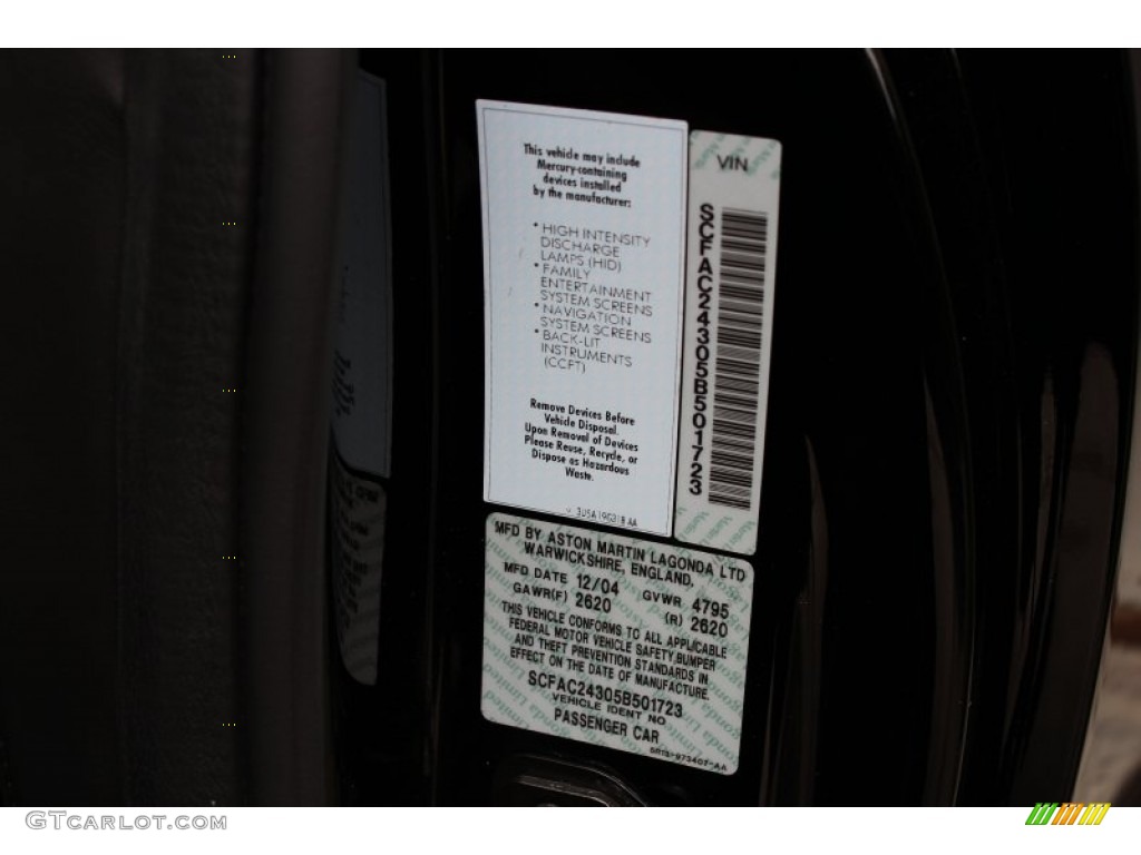 2005 Aston Martin Vanquish S Info Tag Photo #71160429