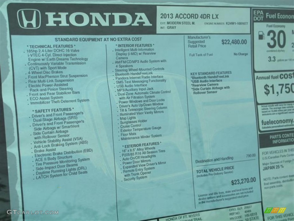2013 Honda Accord LX Sedan Window Sticker Photo #71179713