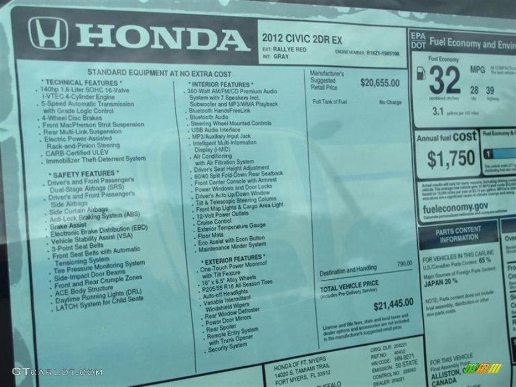 2012 Civic EX Coupe - Rallye Red / Gray photo #9